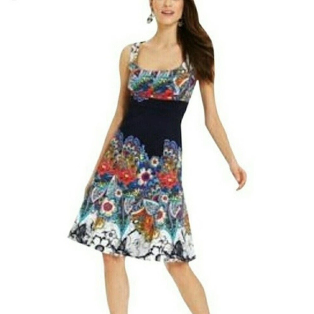 Nine West Navy Multicolor Floral-Print Midi Dress